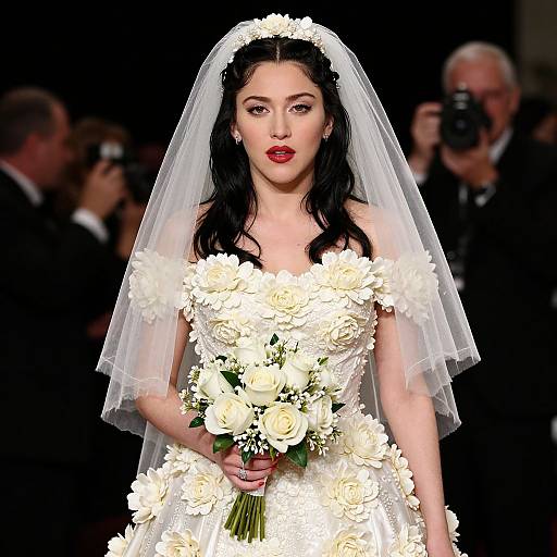 Photograph of a fair-skinned, dark-haired bride in a white floral gown and veil, holding a bouquet of white roses, walking a runway with