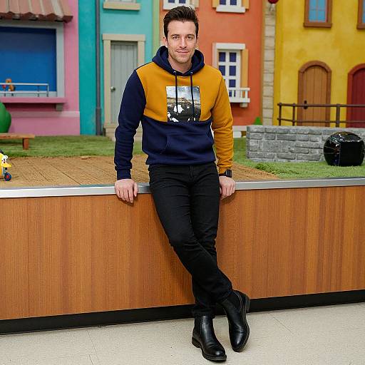 Photograph of a young man with short dark hair, wearing a yellow and navy hoodie, black pants, and boots, leaning on a wooden bench in