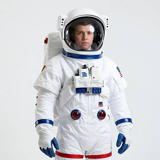 Photograph of a serious-looking man in a white astronaut suit with blue and red accents, clear helmet, and white background.