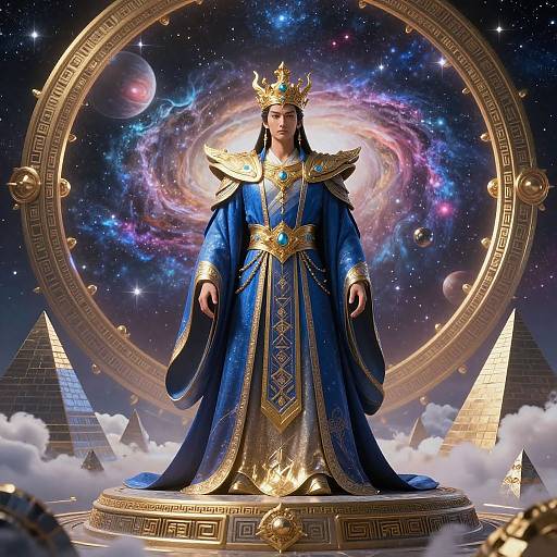 Digital artwork of a regal, crowned woman in a blue and gold robe, standing on a golden pedestal against a cosmic backdrop with pyramids and a