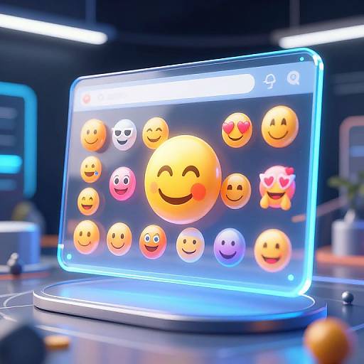 Digital CGI image of a glowing, futuristic tablet displaying various colorful, smiling emojis on a sleek, illuminated surface.