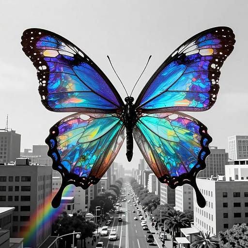 Digital artwork of a large, vibrant blue and purple butterfly with iridescent wings, hovering over a black-and-white cityscape with a faint rainbow in