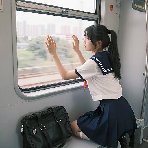 Asian Schoolgirl Looking Out Train Window