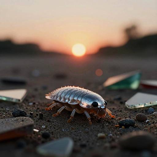 Photograph of a translucent beetle with water droplets on its back, set against a blurred sunset and dark rocky foreground.