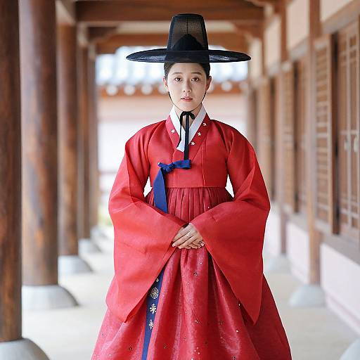 Photograph of a Korean woman in traditional red hanbok with wide sleeves, black hat, blue ribbon, standing in a wooden corridor.