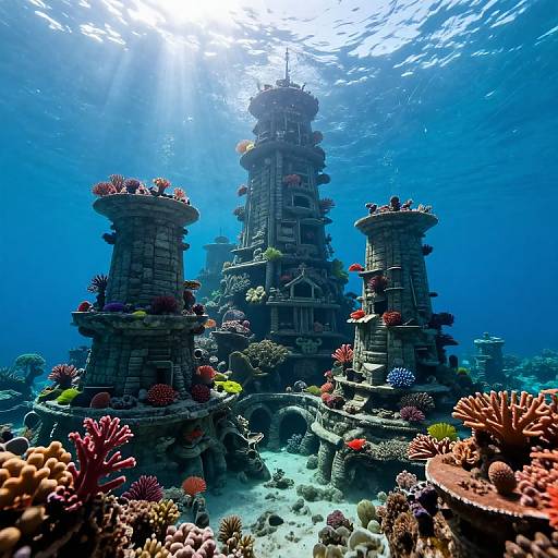Photograph of an underwater scene with three ancient stone towers adorned with colorful coral and marine life, bathed in sunlight.