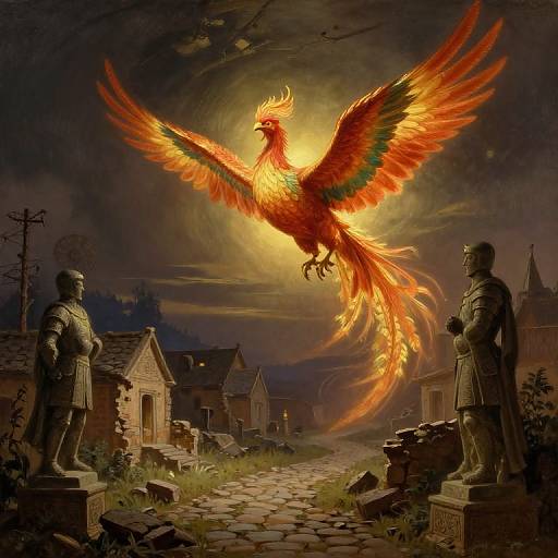 Digital painting: Vibrant, fiery phoenix with radiant orange and green wings soaring over medieval village, silhouetted stone soldiers flanking cobblestone