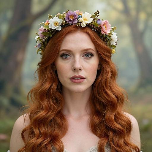 Photograph of a fair-skinned, red-haired woman with wavy hair, wearing a floral crown, set against a blurred forest background.