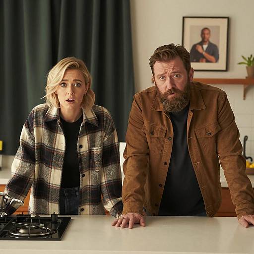 Surprised Blonde Woman and Concerned Bearded Man in Kitchen