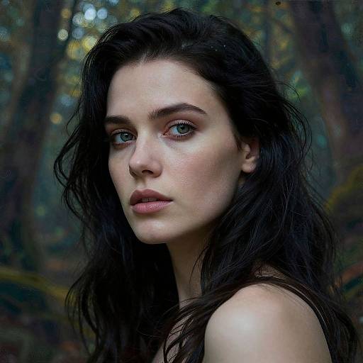 Photograph of a fair-skinned, dark-haired woman with piercing blue eyes and subtle makeup, standing in a blurred forest background.