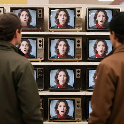 Vintage CRT TVs Displaying Shocked Woman