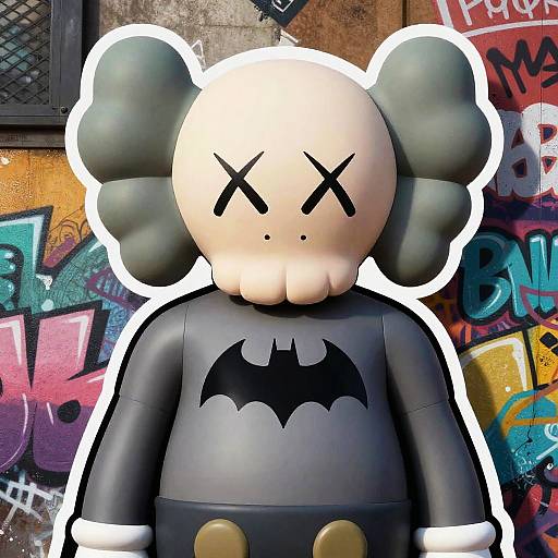 CGI cartoon of a bald, grey-haired character with X eyes, black bat shirt, and grey pants, set against colorful graffiti wall.