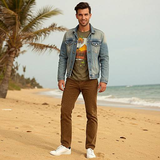 Photograph of a handsome man with short dark hair, wearing a denim jacket, green t-shirt, brown pants, and white sneakers, standing on a