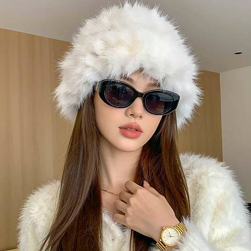 Elegant Woman in White Fur Attire