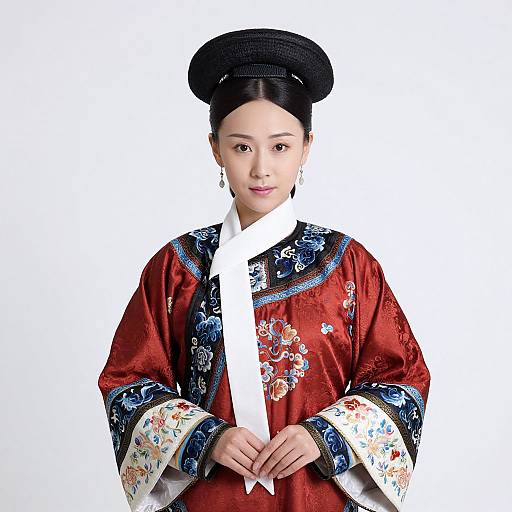 Photograph of an East Asian woman in traditional red silk kimono with blue and floral embroidery, white sash, and black hair in a high bun