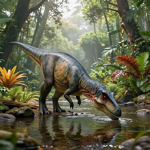 Photorealistic CGI of a green, scaly, dinosaur-like creature with a long tail drinking from a forest stream, surrounded by lush, sunlit