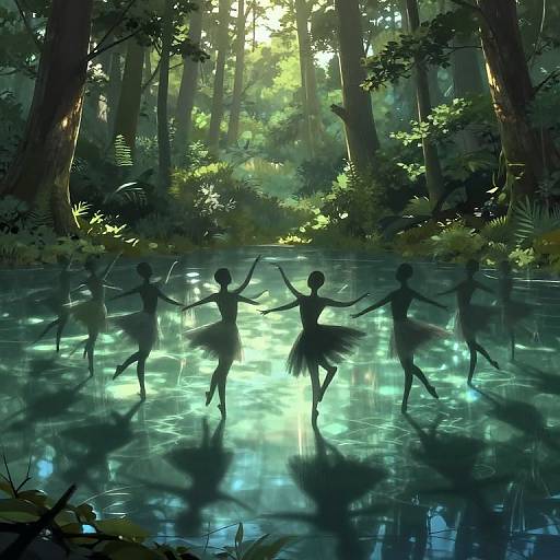 Digital art: Silhouetted ballerinas in tutus dance on a luminous forest stream, surrounded by tall trees and dappled sunlight