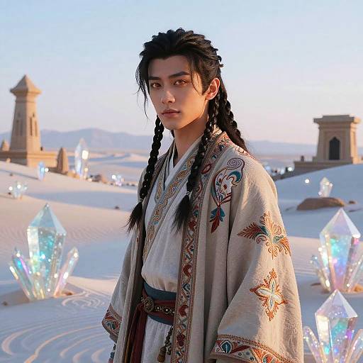 Young Man in Embroidered Cloak in Crystalline Desert