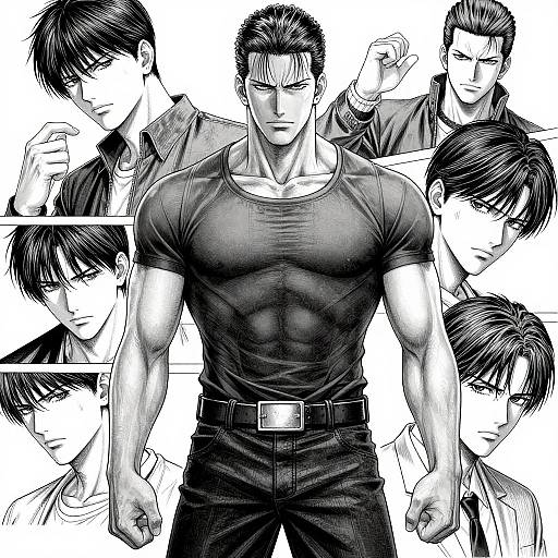 Black-and-white manga-style illustration of a muscular, stern-faced man in a tight, dark t-shirt, surrounded by various close-up portraits of himself with