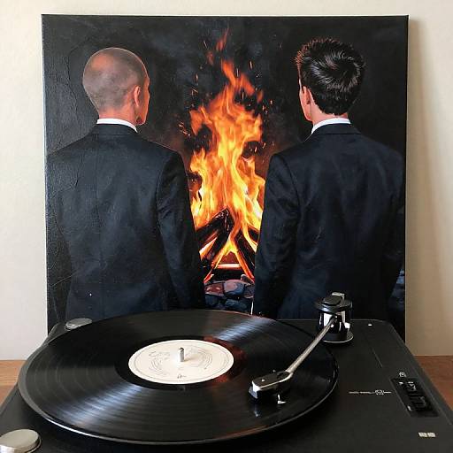 Photograph of two bald men in black suits, facing a painting of a fire, with a turntable in the foreground.