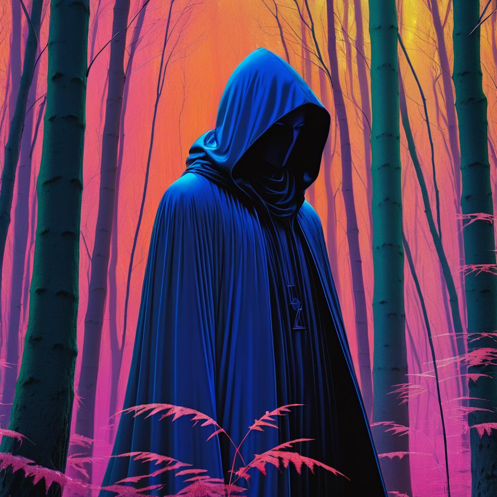 Mysterious Hooded Figure in Vibrant Woods