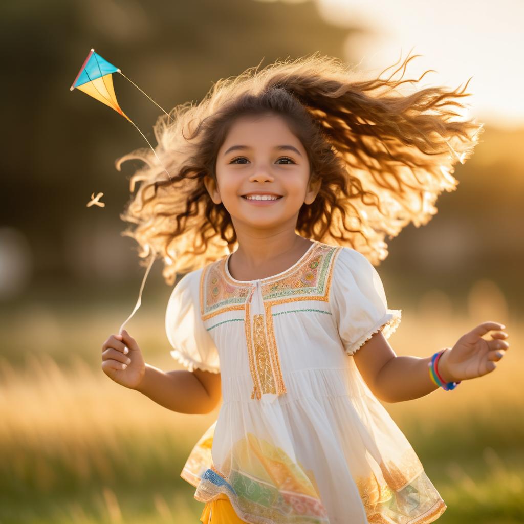 Joyful Girl Flying a Kite at Sunset