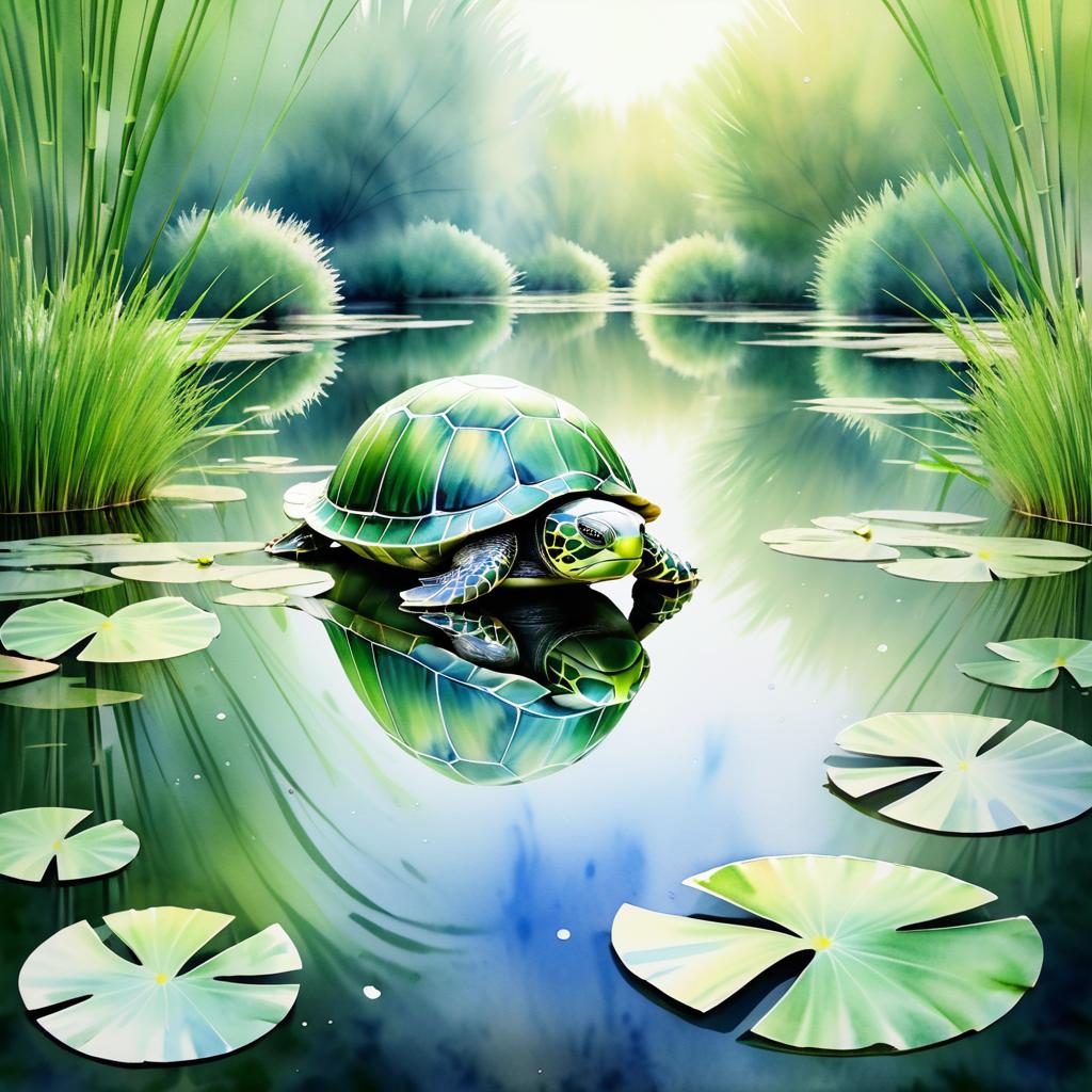 Serene Turtle in Tranquil Watercolor Pond