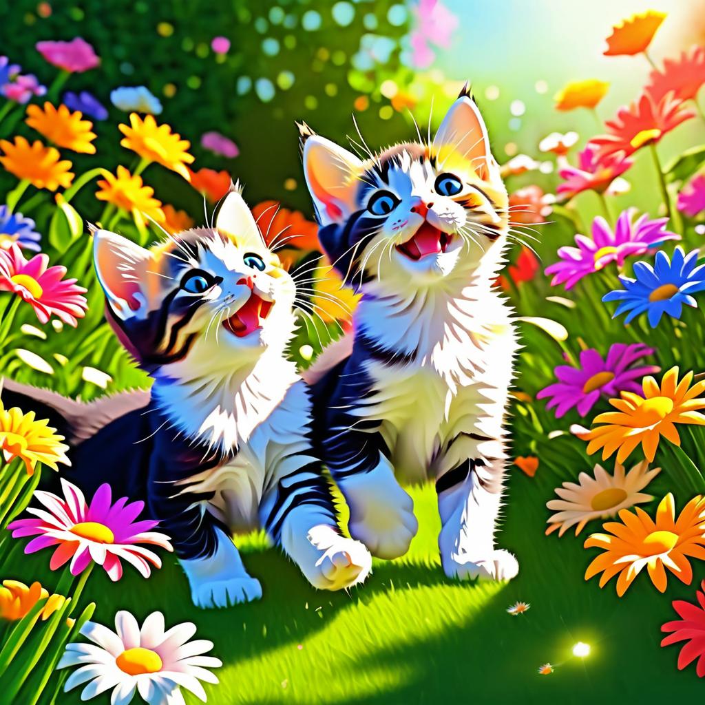 Joyful Kittens Frolicking in Blooming Garden