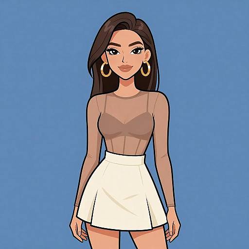Digital illustration of a stylish woman with long dark hair, large gold hoop earrings, sheer beige top, and white high-waisted skirt against a solid