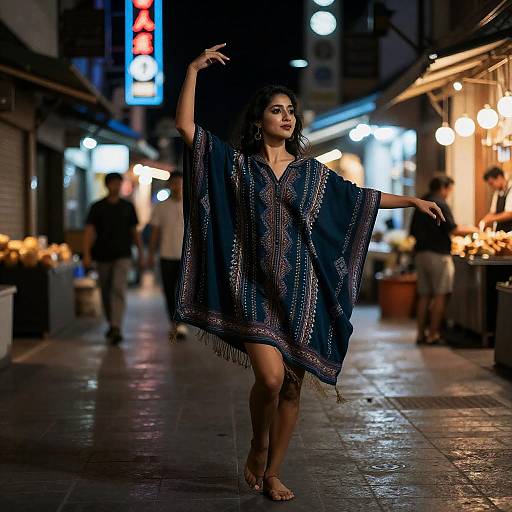 Mystical Teal Poncho Dancer in Neon Alley