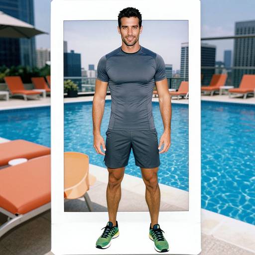 Photograph of a muscular, tan-skinned man with short black hair and beard, wearing a tight navy t-shirt, black shorts, and green sneakers