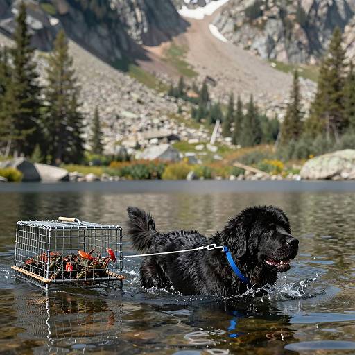 Newfoundland Dog Pulling Lobster Trap in Mountain Lake