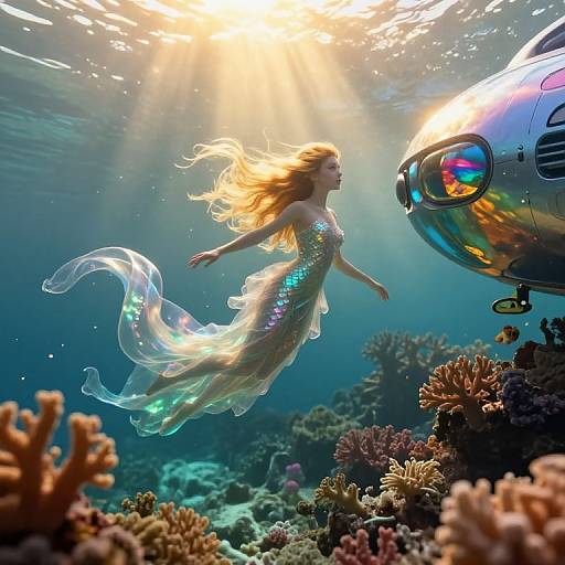 Photograph of a mermaid with long, flowing blonde hair in a shimmering, transparent dress, underwater, swimming near a colorful submarine with sunlight streaming