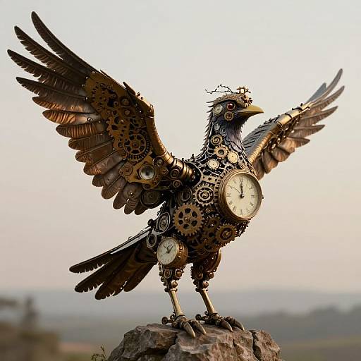 Steampunk bird sculpture with gears, clock faces, and spread wings standing on a rock against a blurred sunset sky.