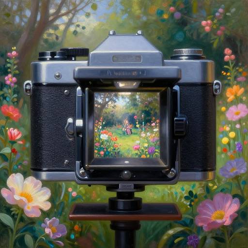 Photograph of a vintage camera with a viewfinder displaying a colorful garden, surrounded by vibrant flowers and greenery.