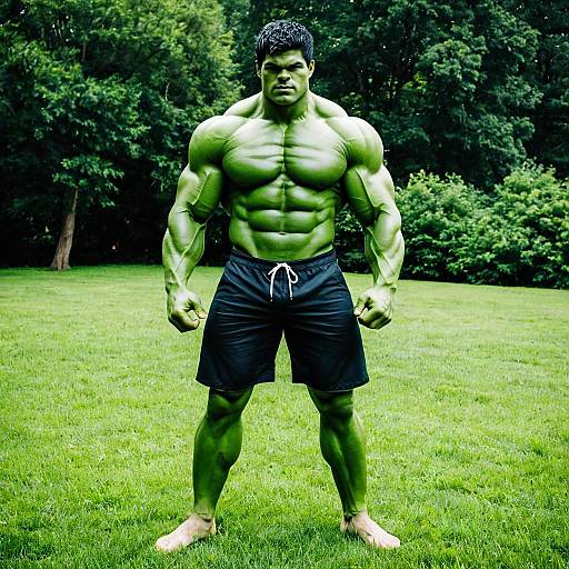 Muscular Man in Hulk Costume Standing Outdoors