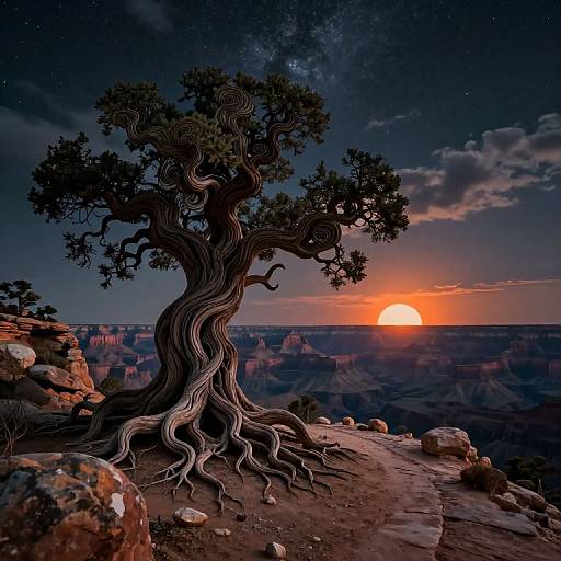 Photograph of a twisted, gnarled tree on a rocky cliff at sunset, with the Grand Canyon and a starry night sky in the background