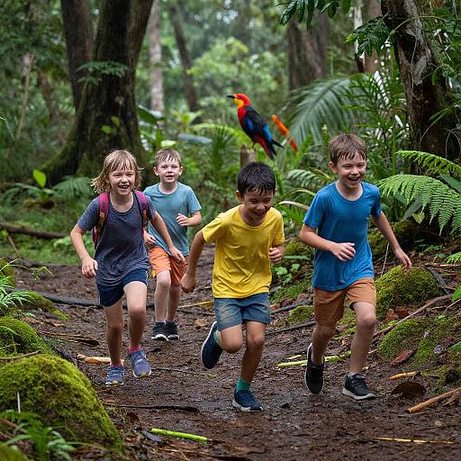 Children Running Through Lush Rainforest