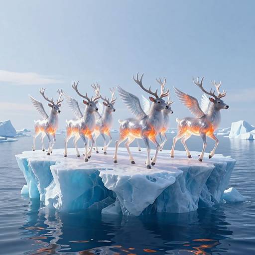 Digital artwork of six glowing, winged reindeer with fire in their midsections standing on an icy floating platform in a frozen, blue-tinted