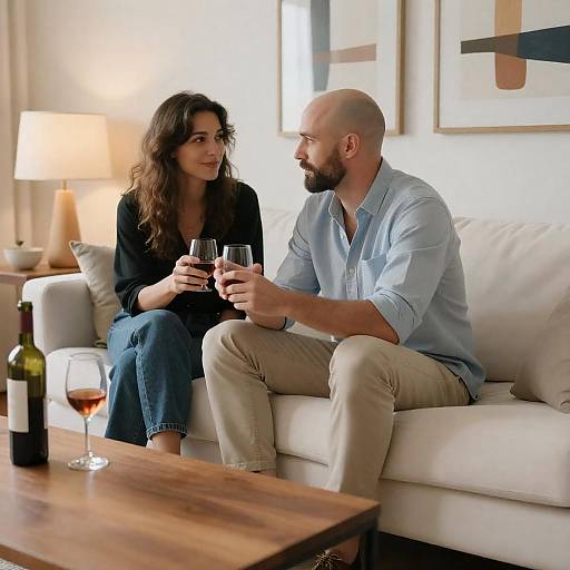 Couple Sharing Wine in Cozy Living Room