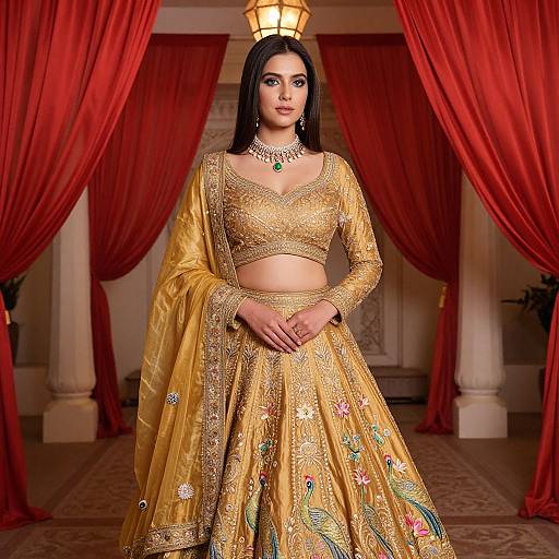 Photograph of a young woman in a golden, intricately embroidered traditional Indian outfit with red drapes, green necklace, and long black hair, standing
