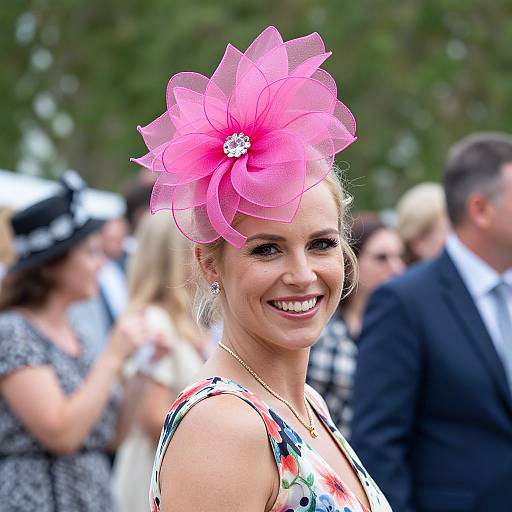 Photograph of a smiling blonde woman in a colorful dress, wearing a large pink flower hat with a diamond center, at an outdoor event with blurred attendees