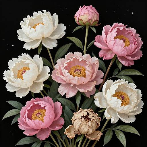 Digital illustration of vibrant pink and white peonies with yellow centers, dark green leaves, and a starry black background.