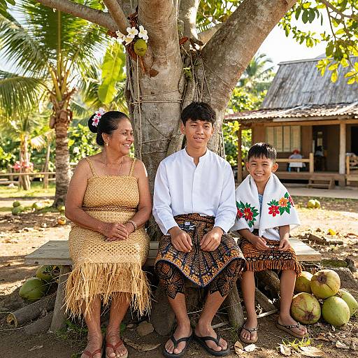 Photograph of a smiling Asian family of three, wearing traditional attire, sitting under a tree with a tropical backdrop, surrounded by coconuts.