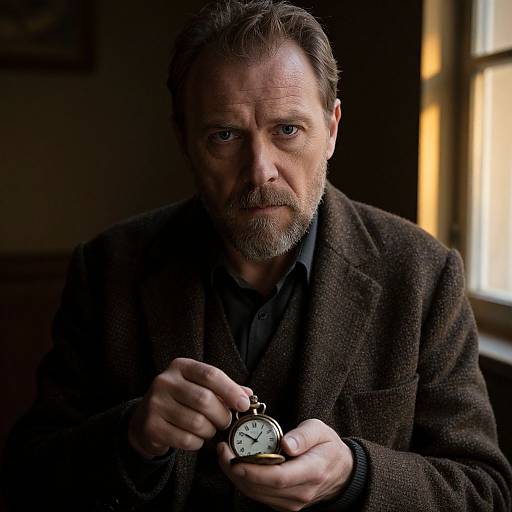 Photograph of a middle-aged man with a beard, wearing a brown wool blazer, holding a vintage pocket watch, looking serious, dimly lit