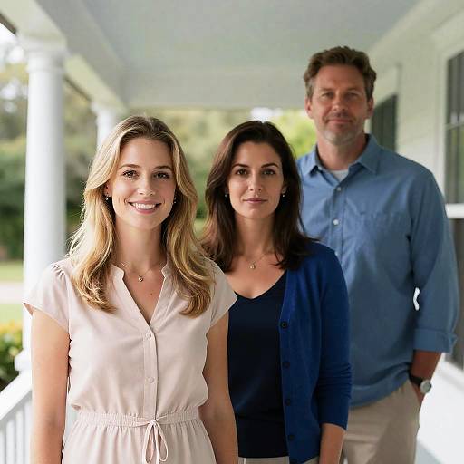 Smiling Trio on a White Porch