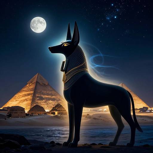 Silhouetted Anubis statue with glowing collar stands before illuminated pyramids under a bright full moon in a starry night sky. Digital art