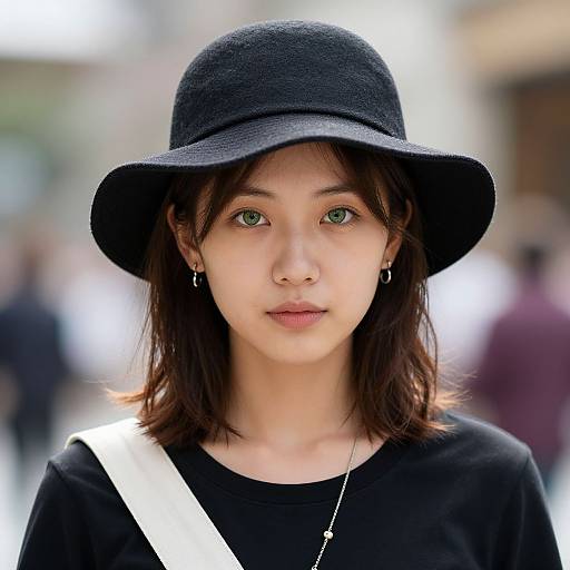 Photograph of a young Asian woman with green eyes, wearing a black hat and black shirt, with a white shoulder bag, standing in a blurred urban
