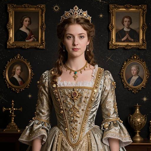 Photorealistic portrait of a young woman in ornate, gold-embellished Renaissance-style dress, wearing a crown, with framed portraits and decor