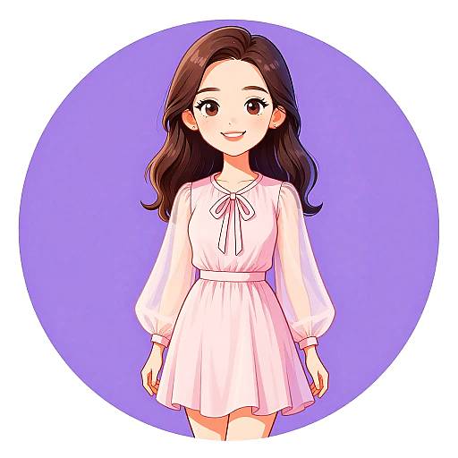 Digital anime-style drawing of a smiling young woman with long brown hair, wearing a pink, sheer, long-sleeve dress, against a purple circle